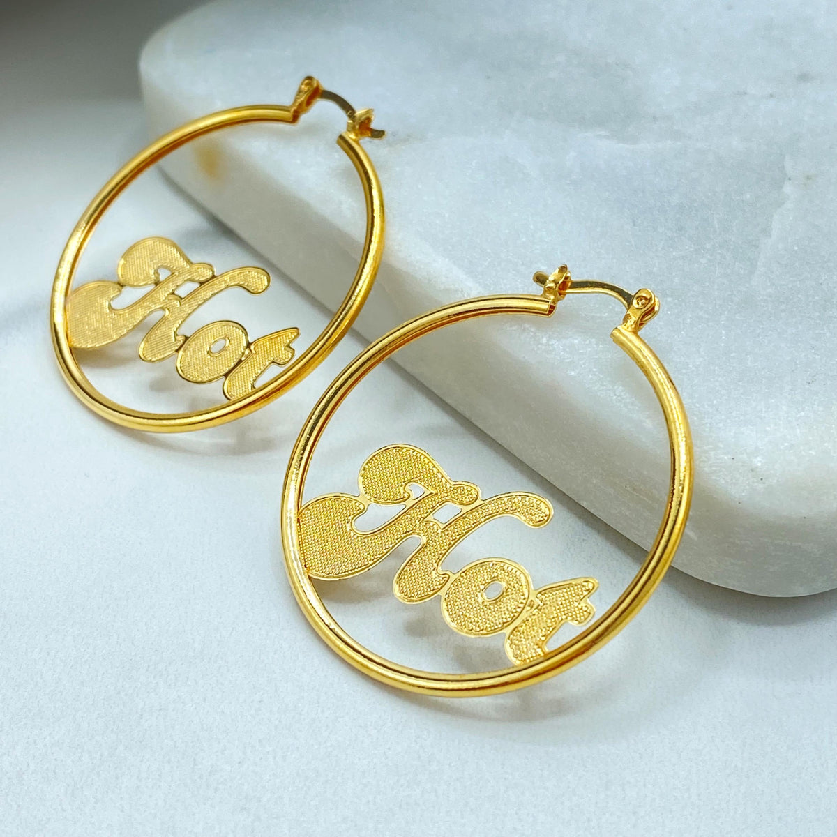 18K Gold Filled Round Hoop Earrings, Textured Letter Accent