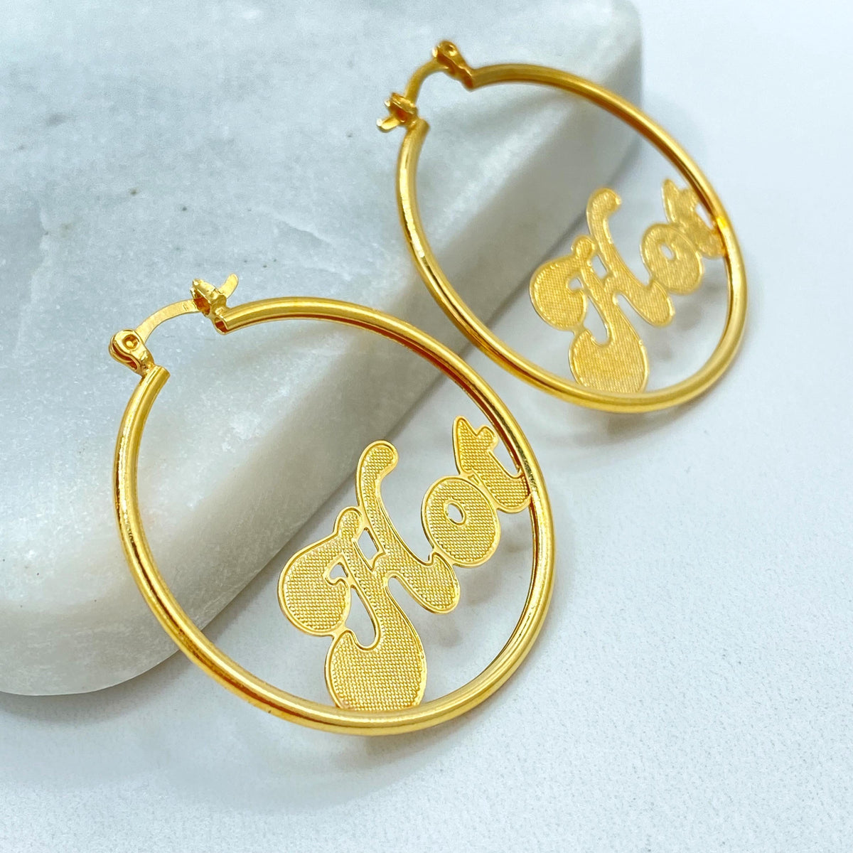 18K Gold Filled Round Hoop Earrings, Textured Letter Accent