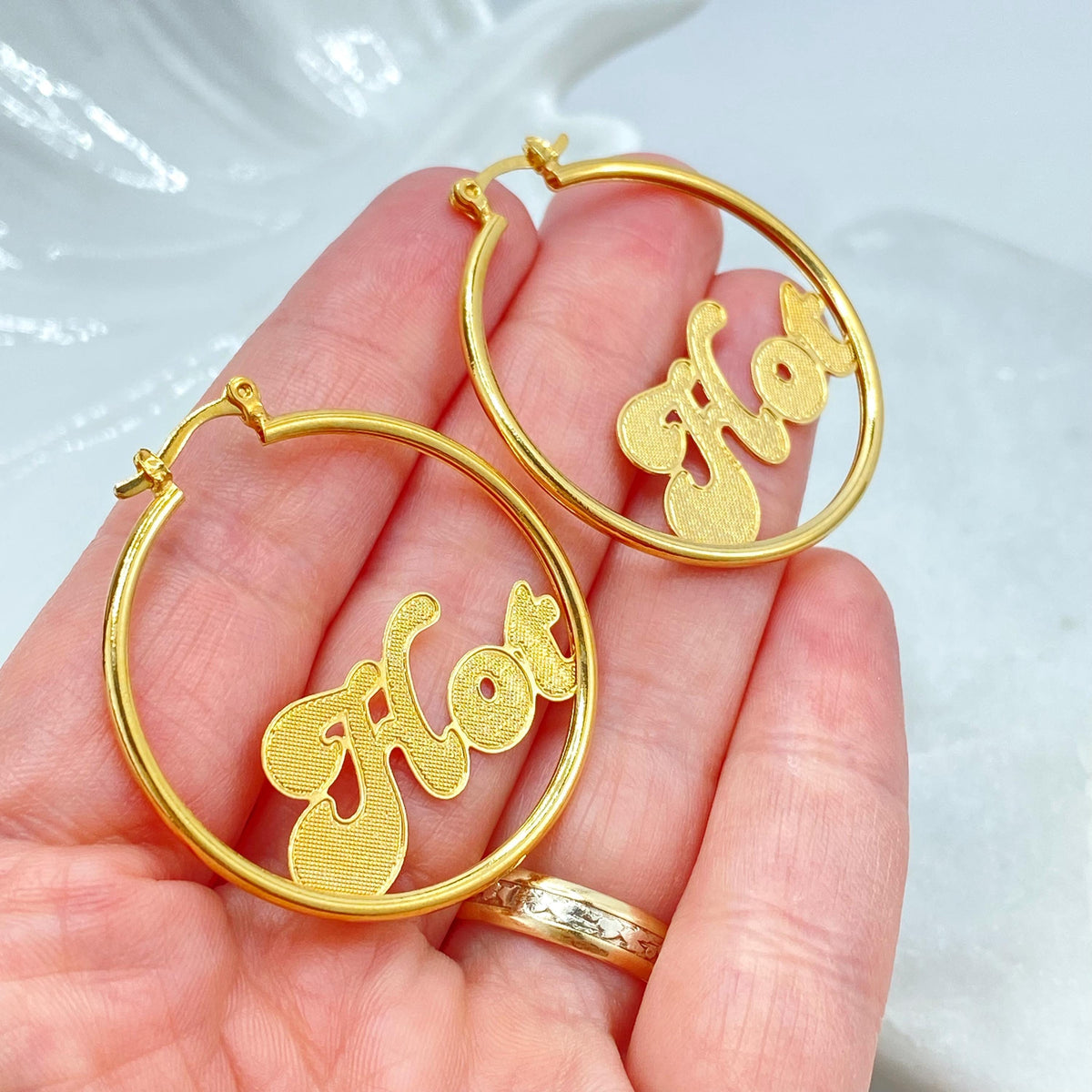 18K Gold Filled Round Hoop Earrings, Textured Letter Accent