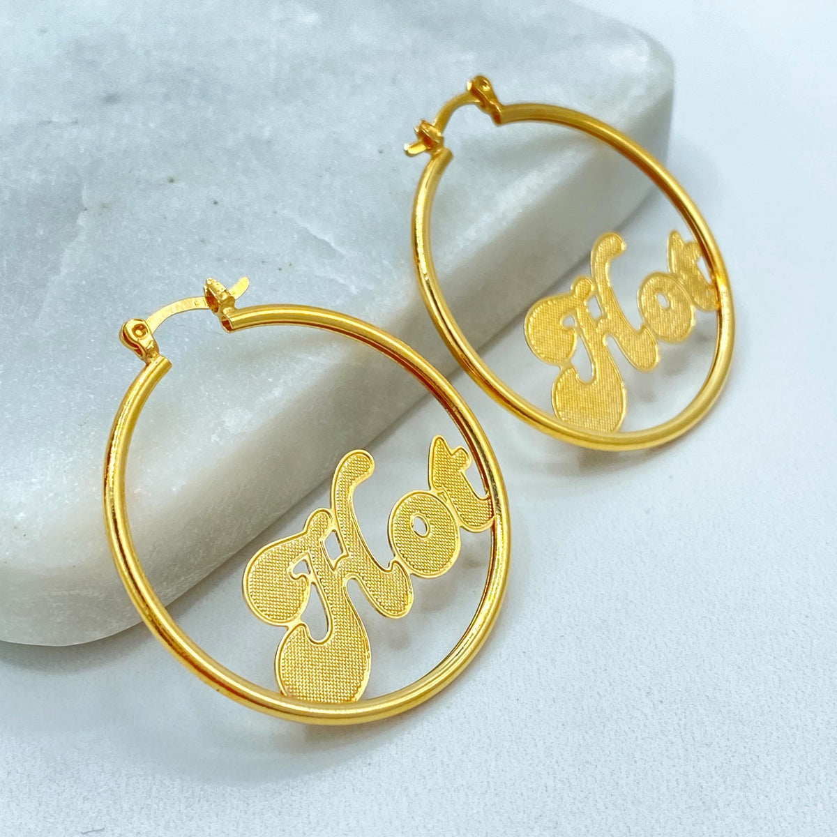 18K Gold Filled Round Hoop Earrings, Textured Letter Accent