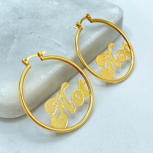 18K Gold Filled Round Hoop Earrings, Textured Letter Accent