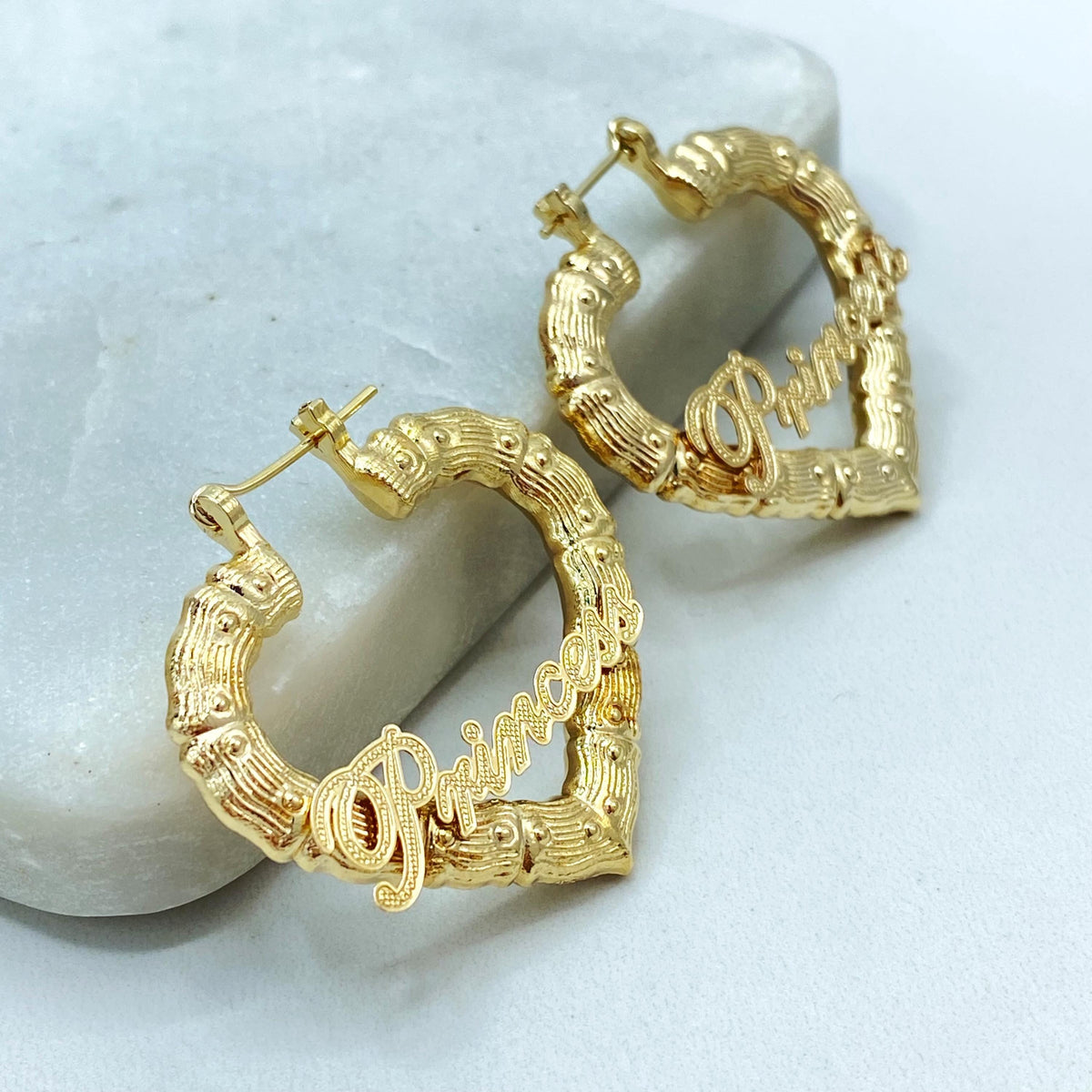 18K Gold Filled Heart Hoop Earrings, Princess Script Bamboo Texture
