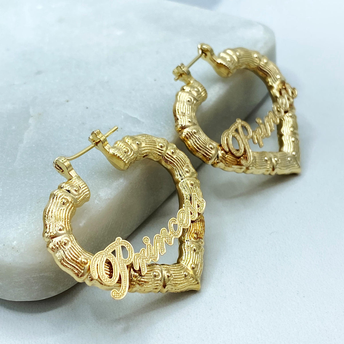 18K Gold Filled Heart Hoop Earrings, Princess Script Bamboo Texture