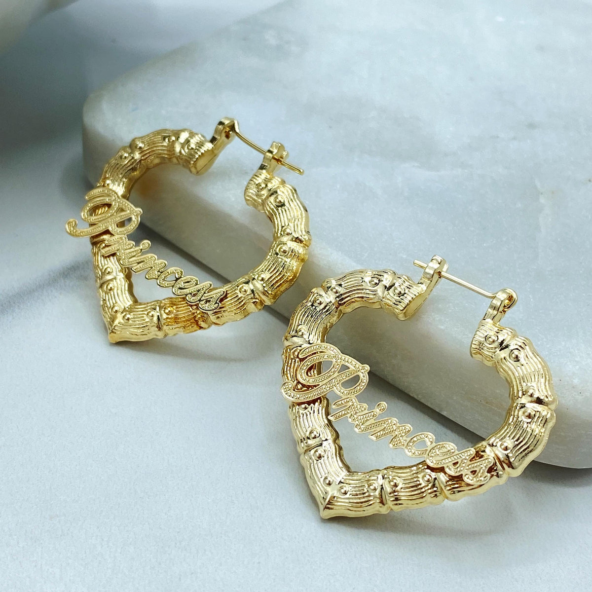 18K Gold Filled Heart Hoop Earrings, Princess Script Bamboo Texture