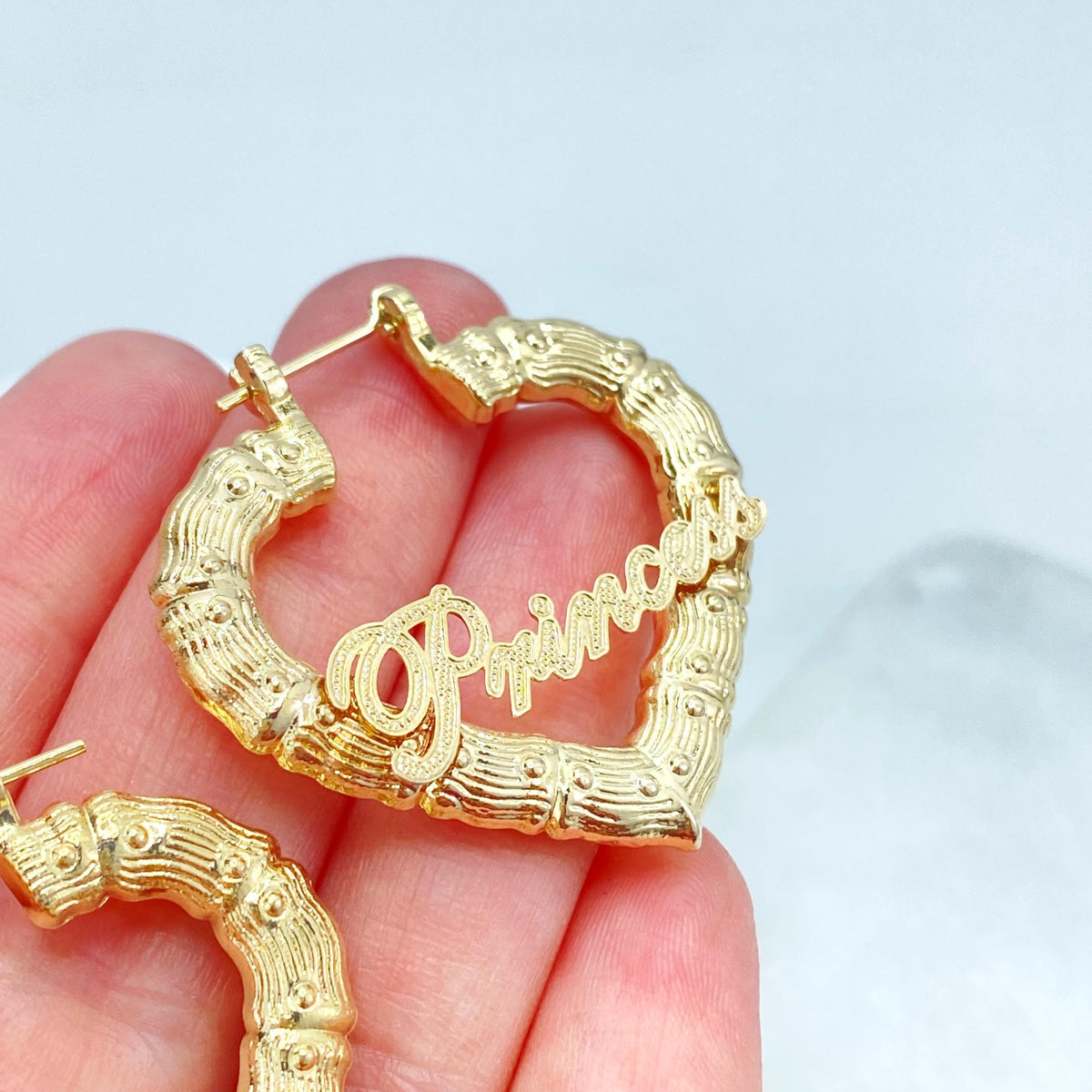 18K Gold Filled Heart Hoop Earrings, Princess Script Bamboo Texture