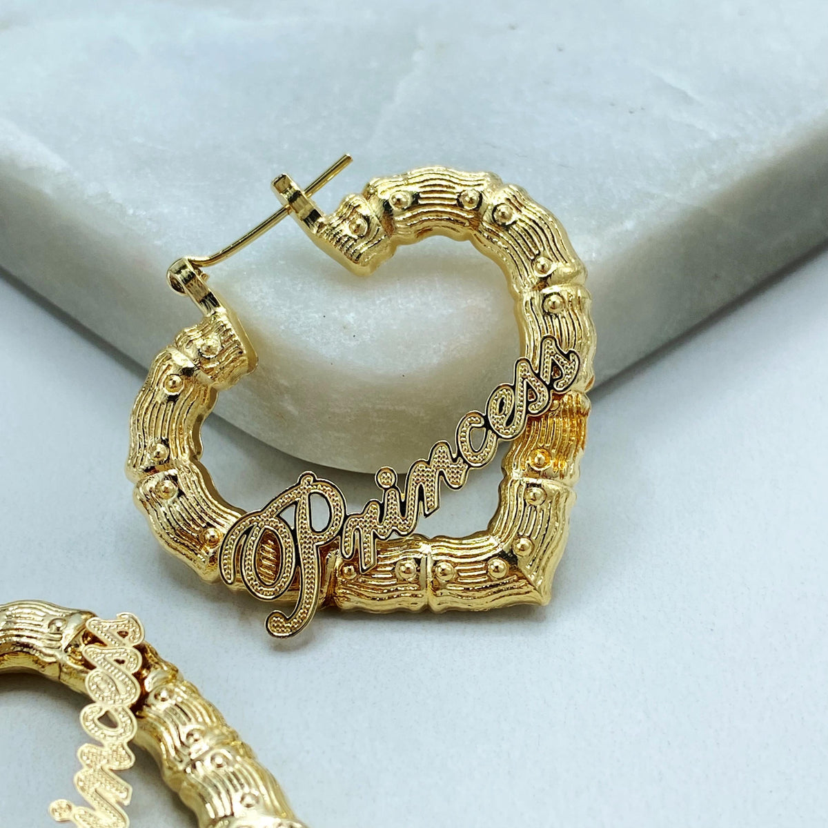 18K Gold Filled Heart Hoop Earrings, Princess Script Bamboo Texture