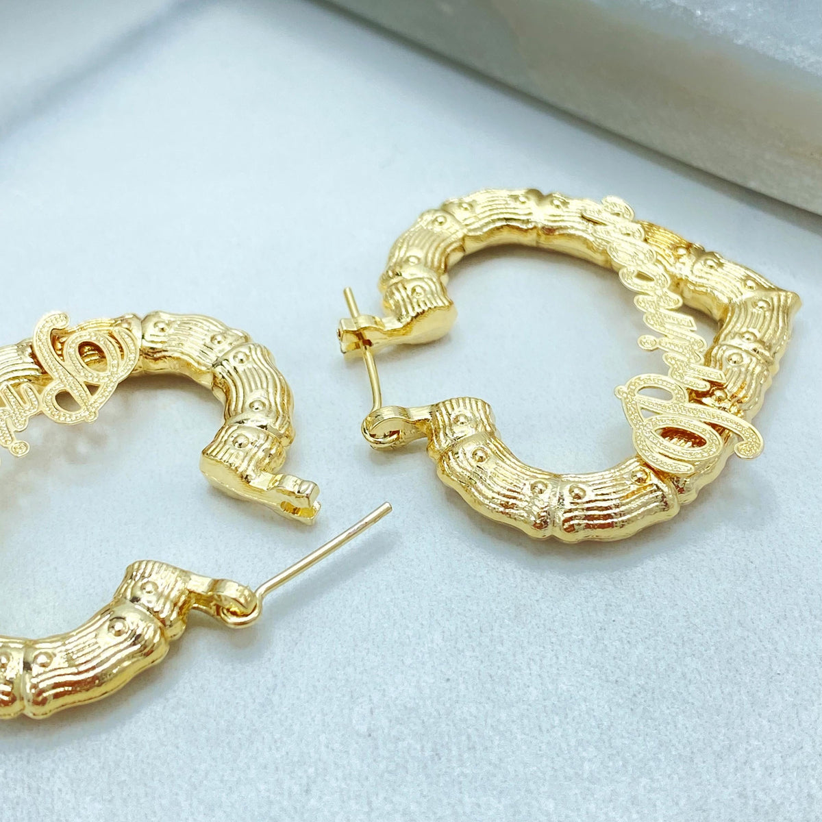 18K Gold Filled Heart Hoop Earrings, Princess Script Bamboo Texture