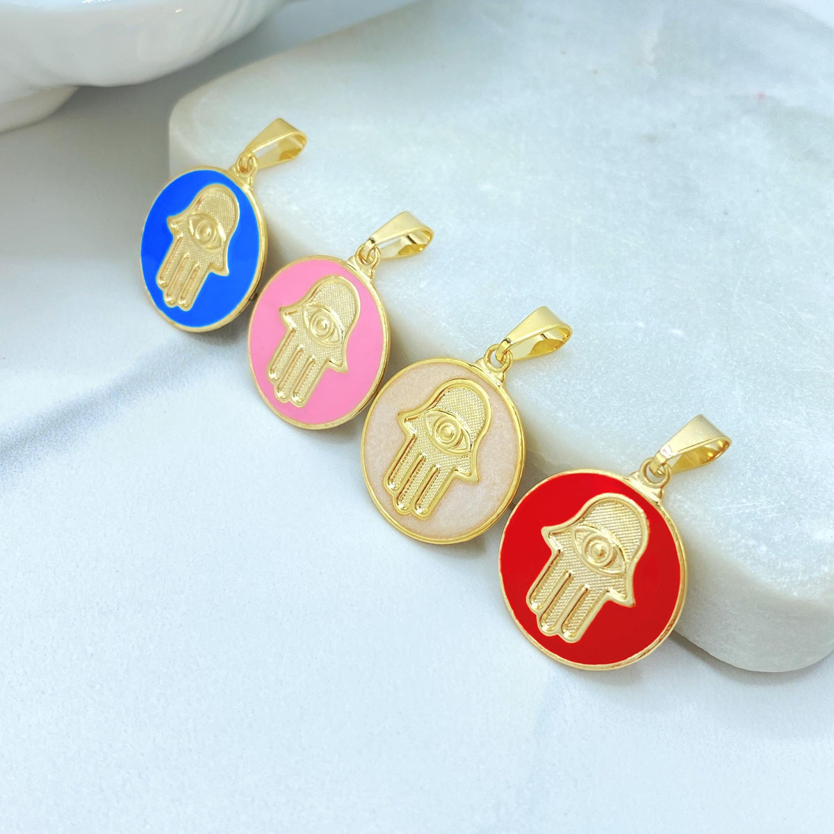 18K Gold Filled Hamsa Hand Charm, Enamel Coin Pendant, Choose Color