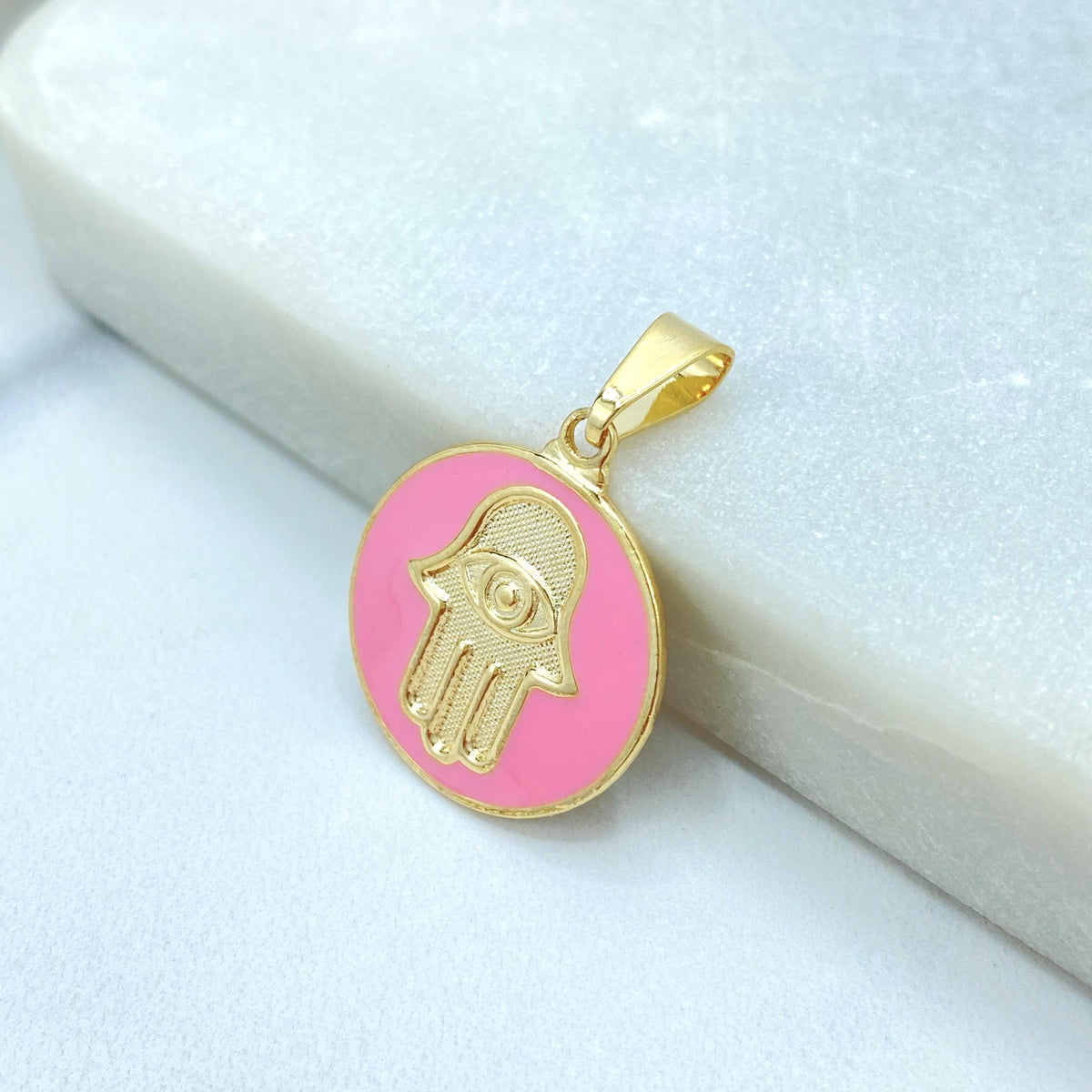 18K Gold Filled Hamsa Hand Charm, Enamel Coin Pendant, Choose Color