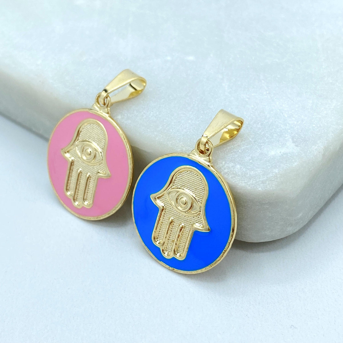 18K Gold Filled Hamsa Hand Charm, Enamel Coin Pendant, Choose Color