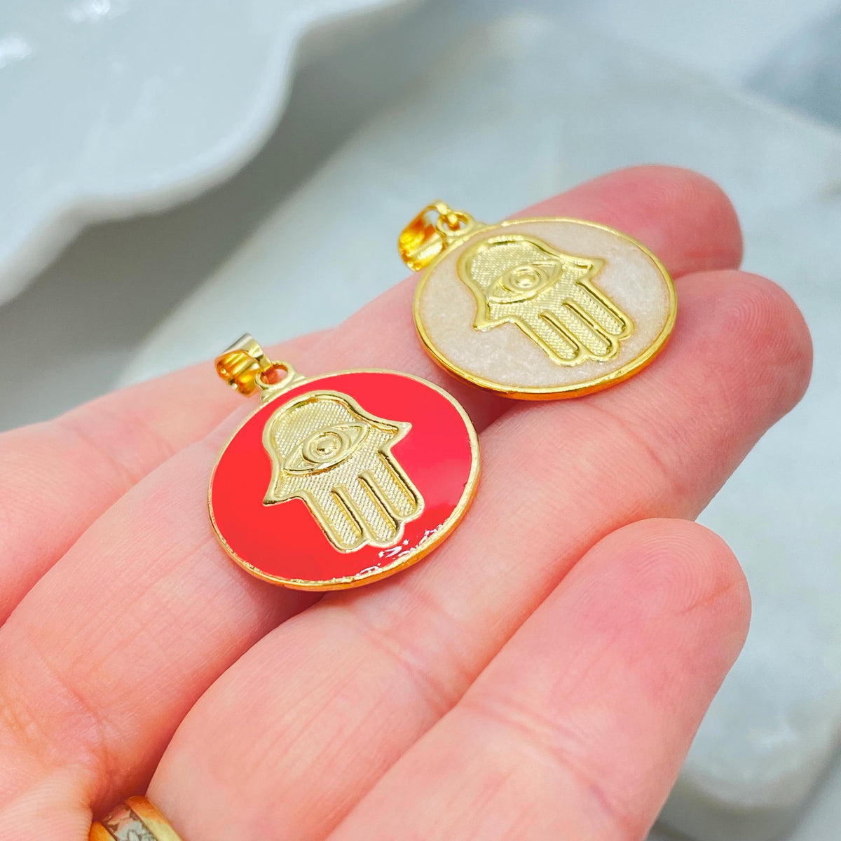 18K Gold Filled Hamsa Hand Charm, Enamel Coin Pendant, Choose Color