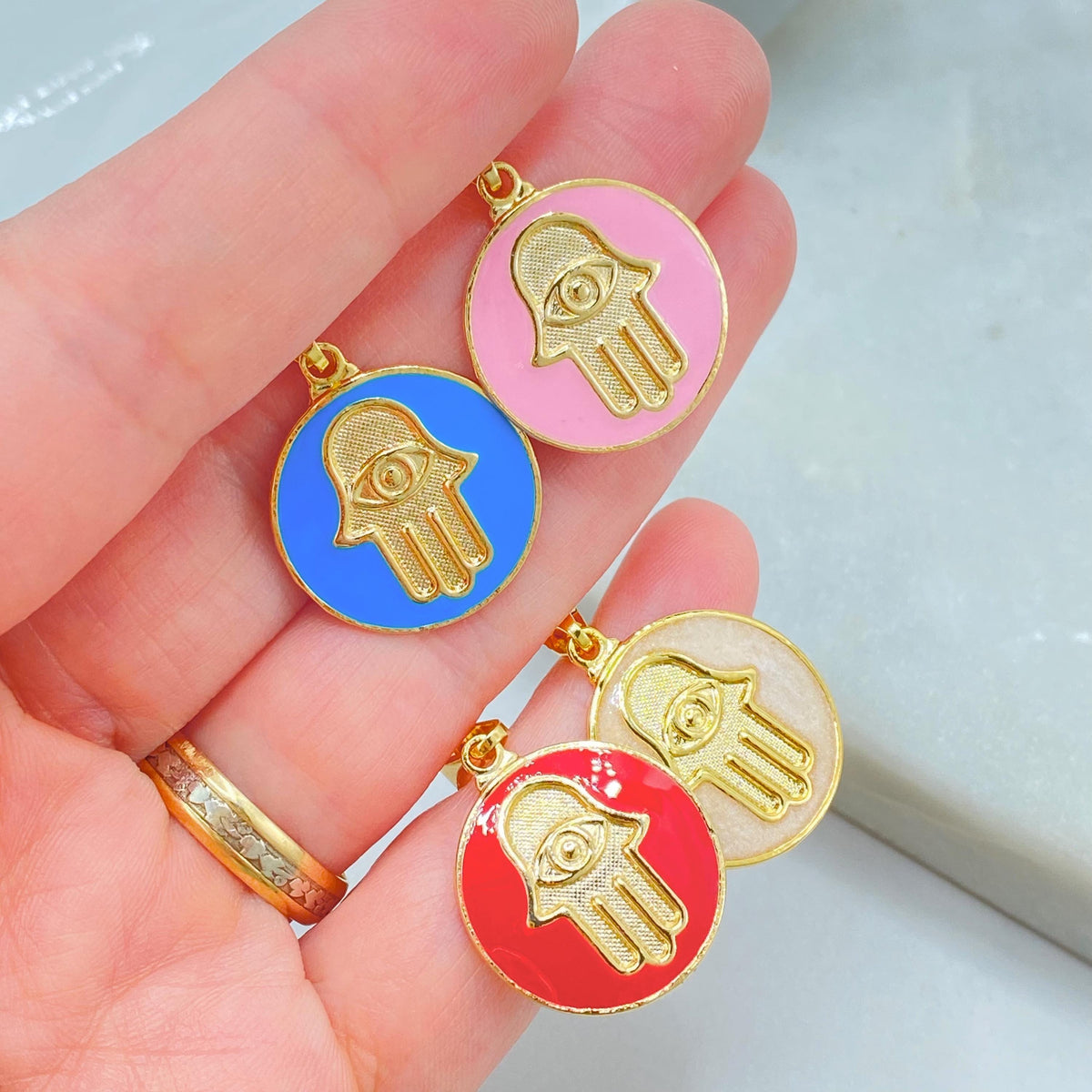 18K Gold Filled Hamsa Hand Charm, Enamel Coin Pendant, Choose Color