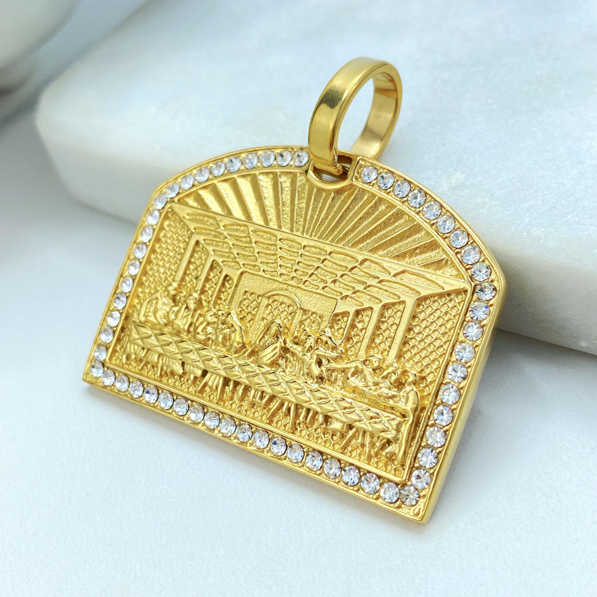 Stainless Steel Last Supper Pendant, CZ Medallion, Men’s Necklace Charm, Religious Gift