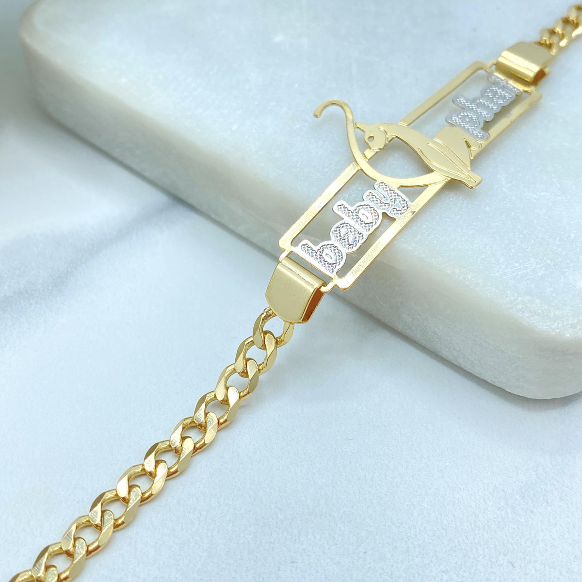 18K Gold Filled Two Tone Baby Phat Bracelet, Kitty Plate, Curb Link Chain, Statement
