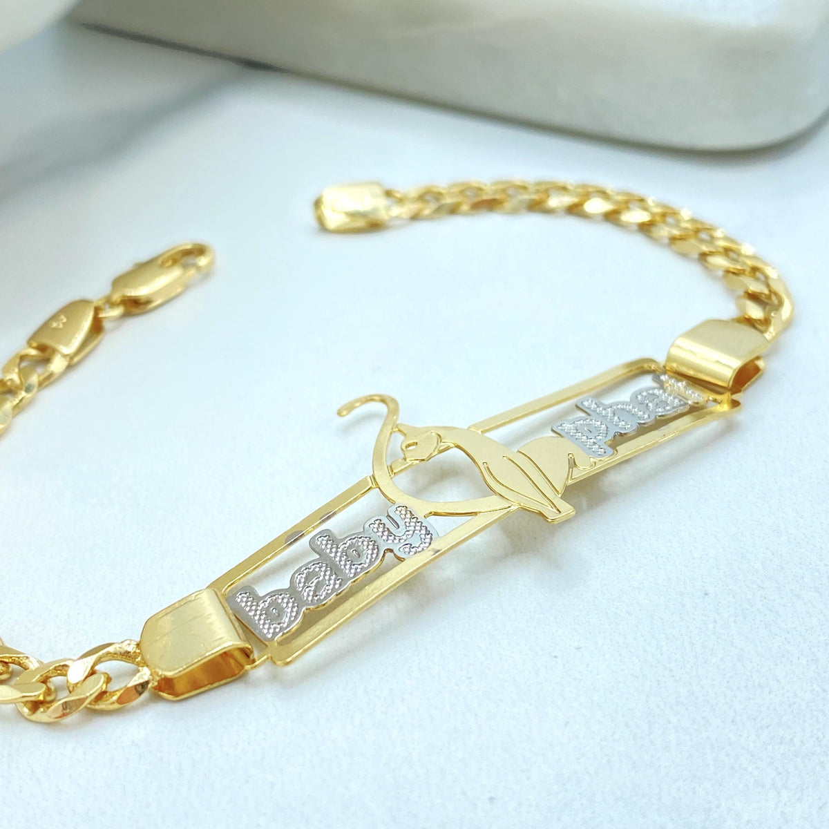 18K Gold Filled Two Tone Baby Phat Bracelet, Kitty Plate, Curb Link Chain, Statement