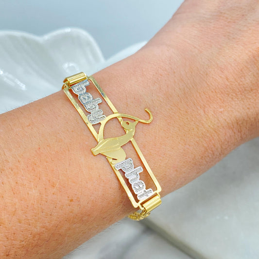 18K Gold Filled Two Tone Baby Phat Bracelet, Kitty Plate, Curb Link Chain, Statement
