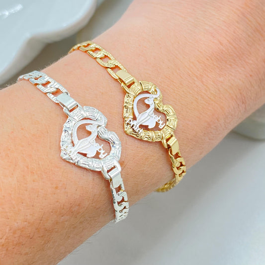 18K Gold Filled Baby Phat Heart Bracelet, Two Tone Flat Curb Link
