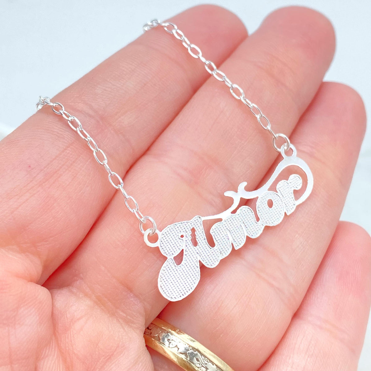Silver Filled Amor Nameplate Necklace, Textured Script Pendant Figaro Link