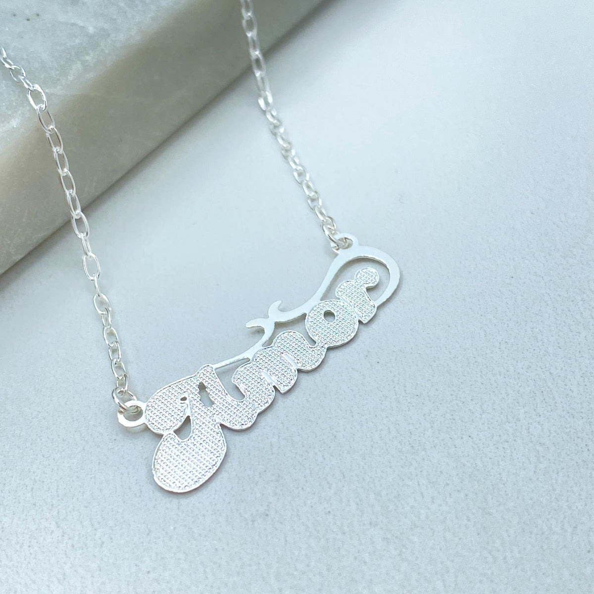 Silver Filled Amor Nameplate Necklace, Textured Script Pendant Figaro Link