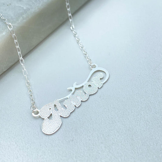 Silver Filled Amor Nameplate Necklace, Textured Script Pendant Figaro Link