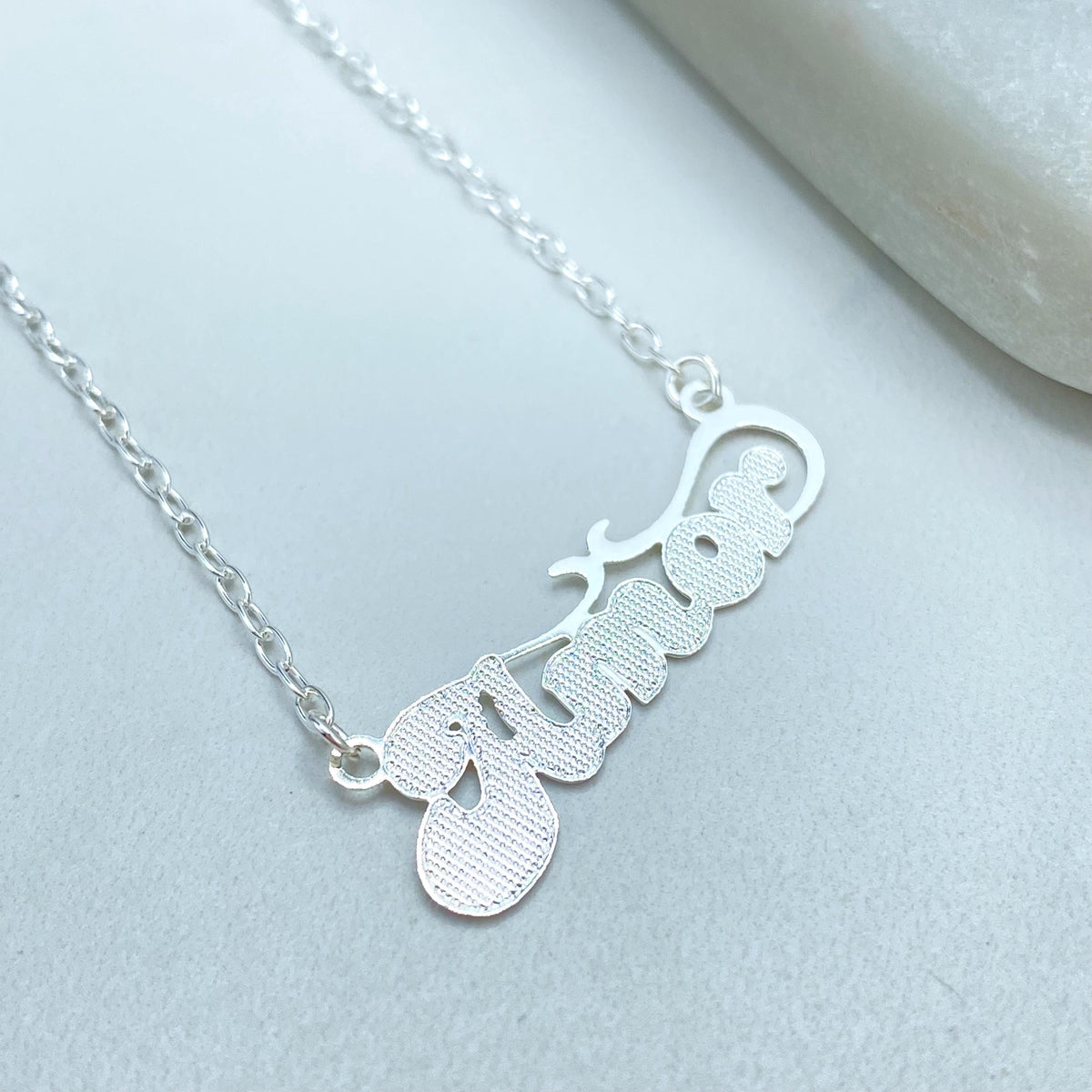 Silver Filled Amor Nameplate Necklace, Textured Script Pendant Figaro Link
