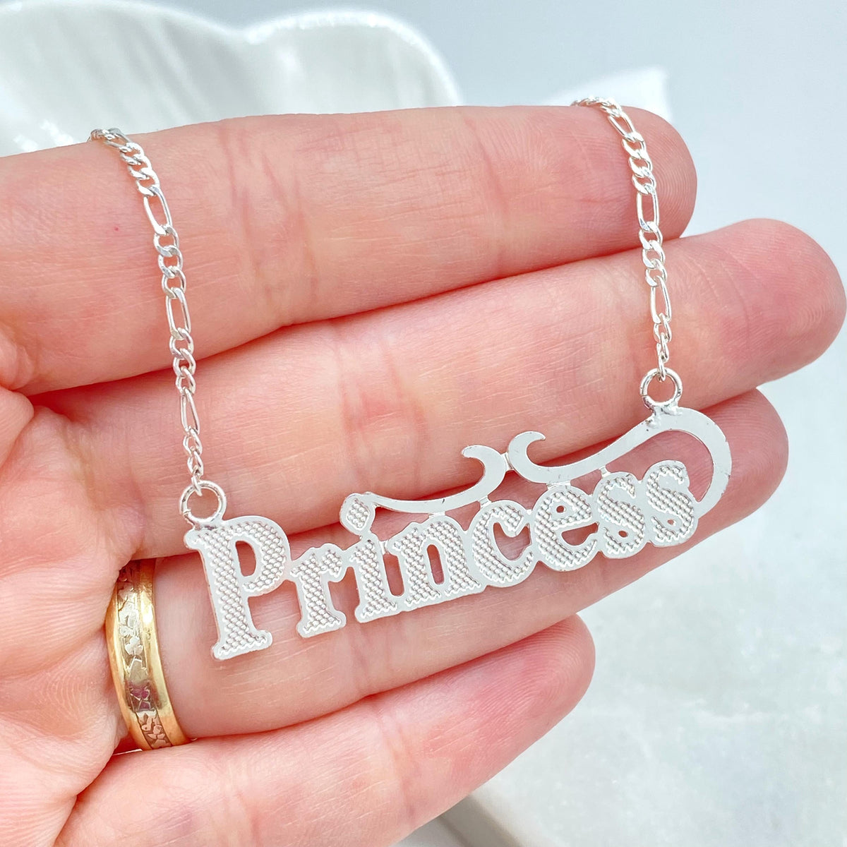 Silver Filled Princess Nameplate Necklace, Textured Letter Pendant Figaro Link