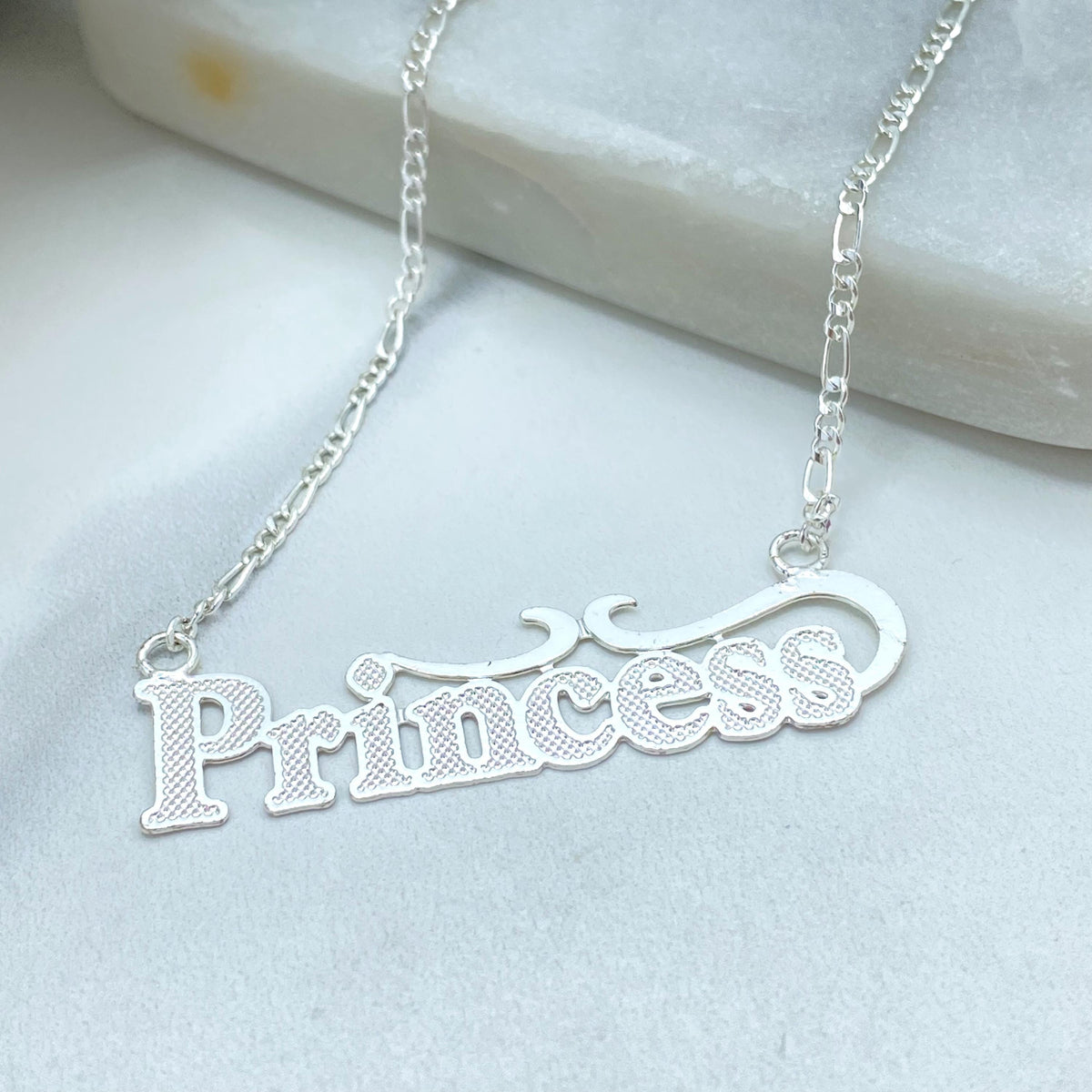 Silver Filled Princess Nameplate Necklace, Textured Letter Pendant Figaro Link