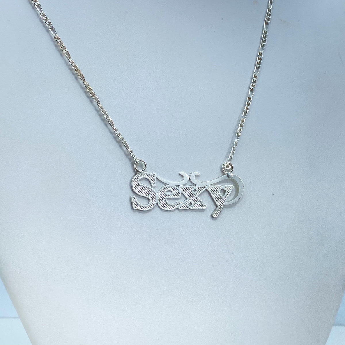 Silver Filled Sexy Pendant, Textured Wordplate on Figaro Chain
