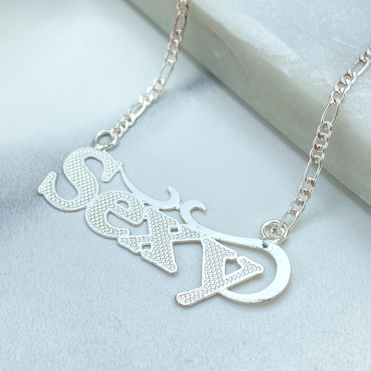 Silver Filled Sexy Pendant, Textured Wordplate on Figaro Chain
