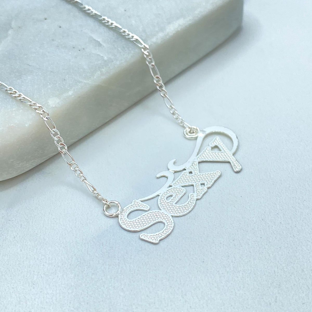 Silver Filled Sexy Pendant, Textured Wordplate on Figaro Chain