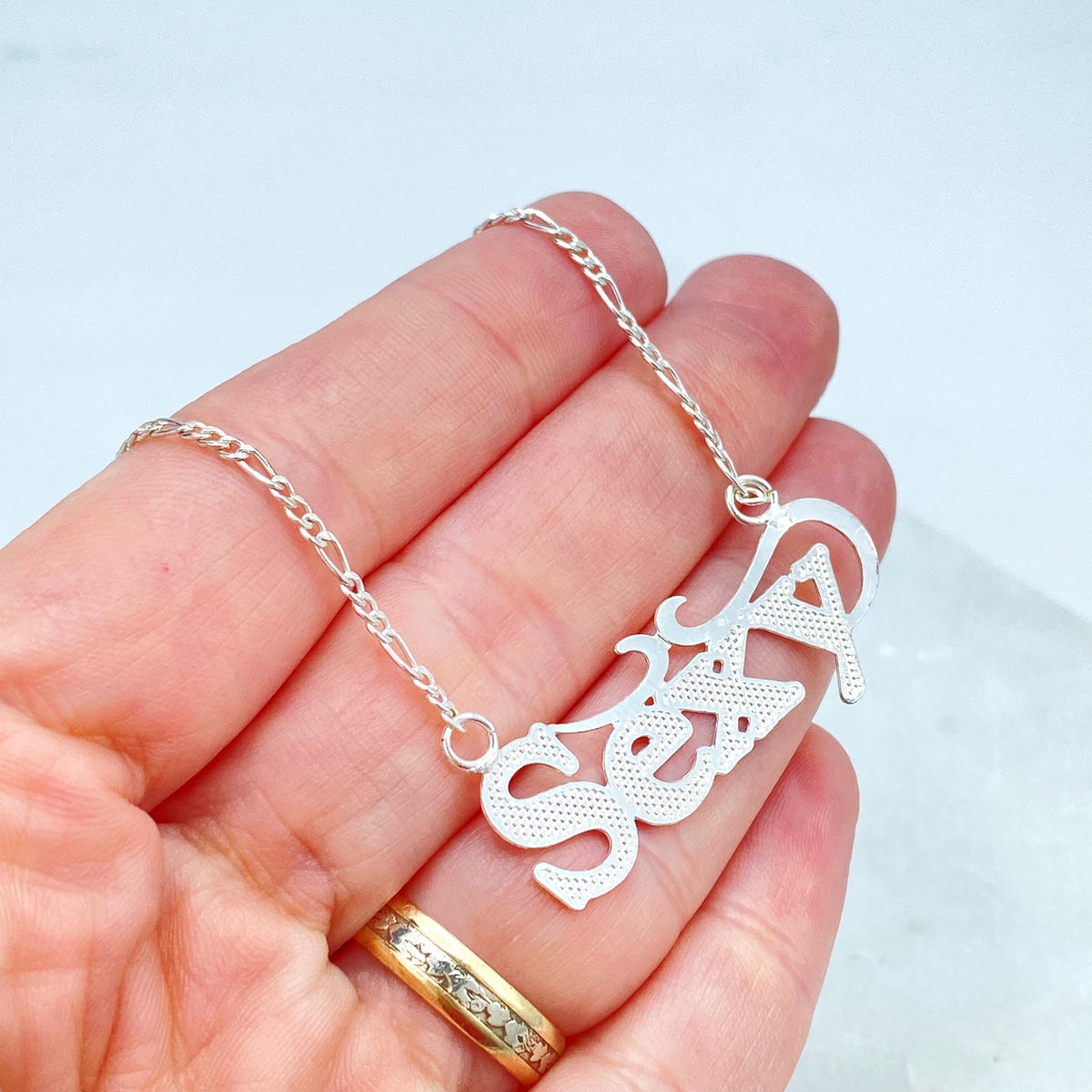 Silver Filled Sexy Pendant, Textured Wordplate on Figaro Chain