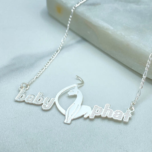 Silver Filled Baby Phat Nameplate Necklace, Cat Logo Pendant Figaro Chain