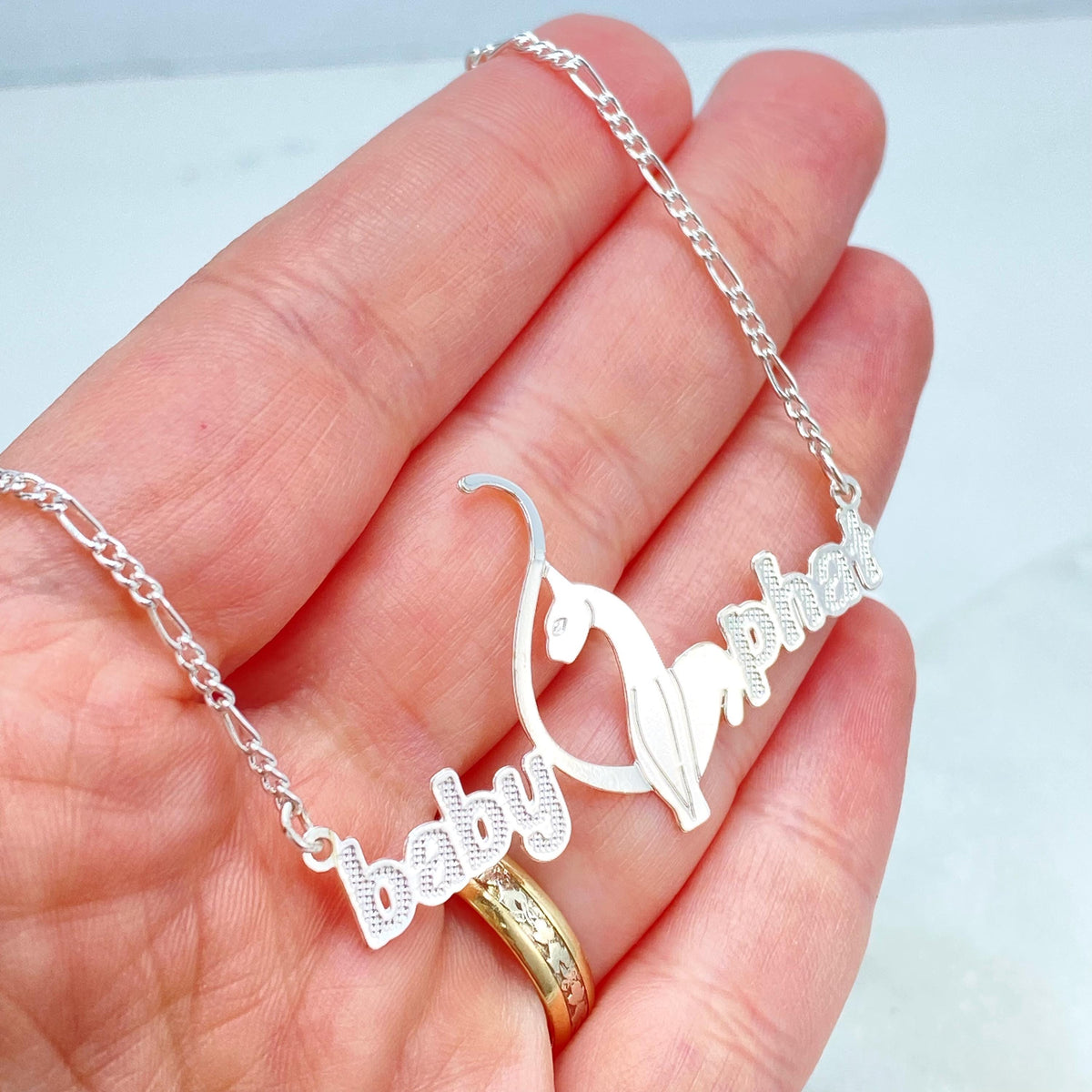 Silver Filled Baby Phat Nameplate Necklace, Cat Logo Pendant Figaro Chain