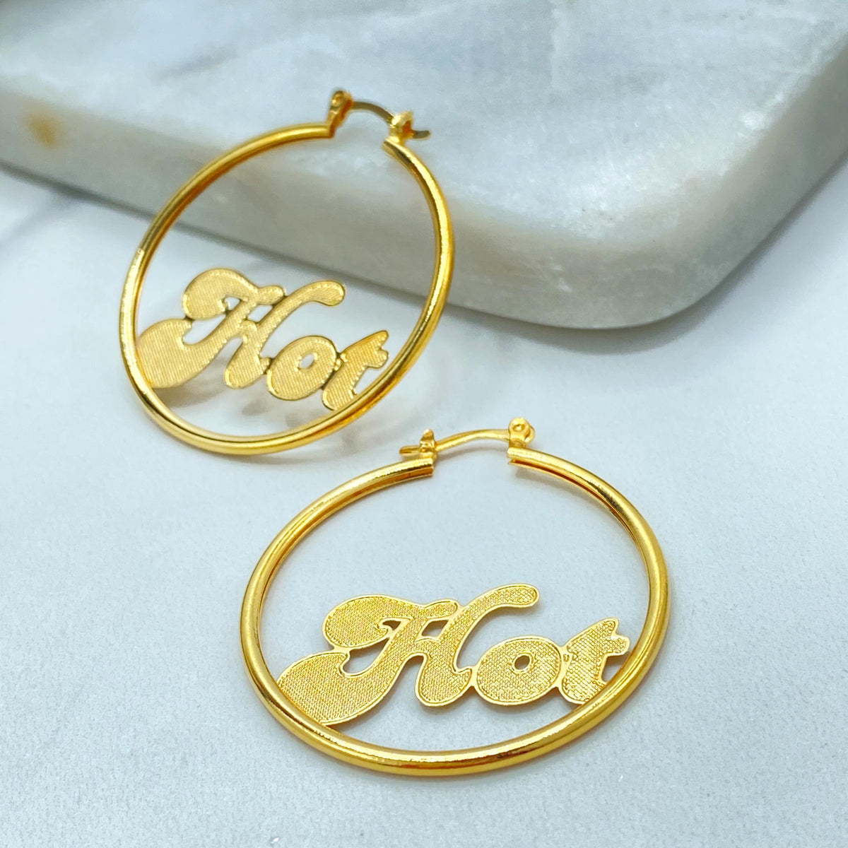 18K Gold Filled Round Hoop Earrings, Textured Letter Accent
