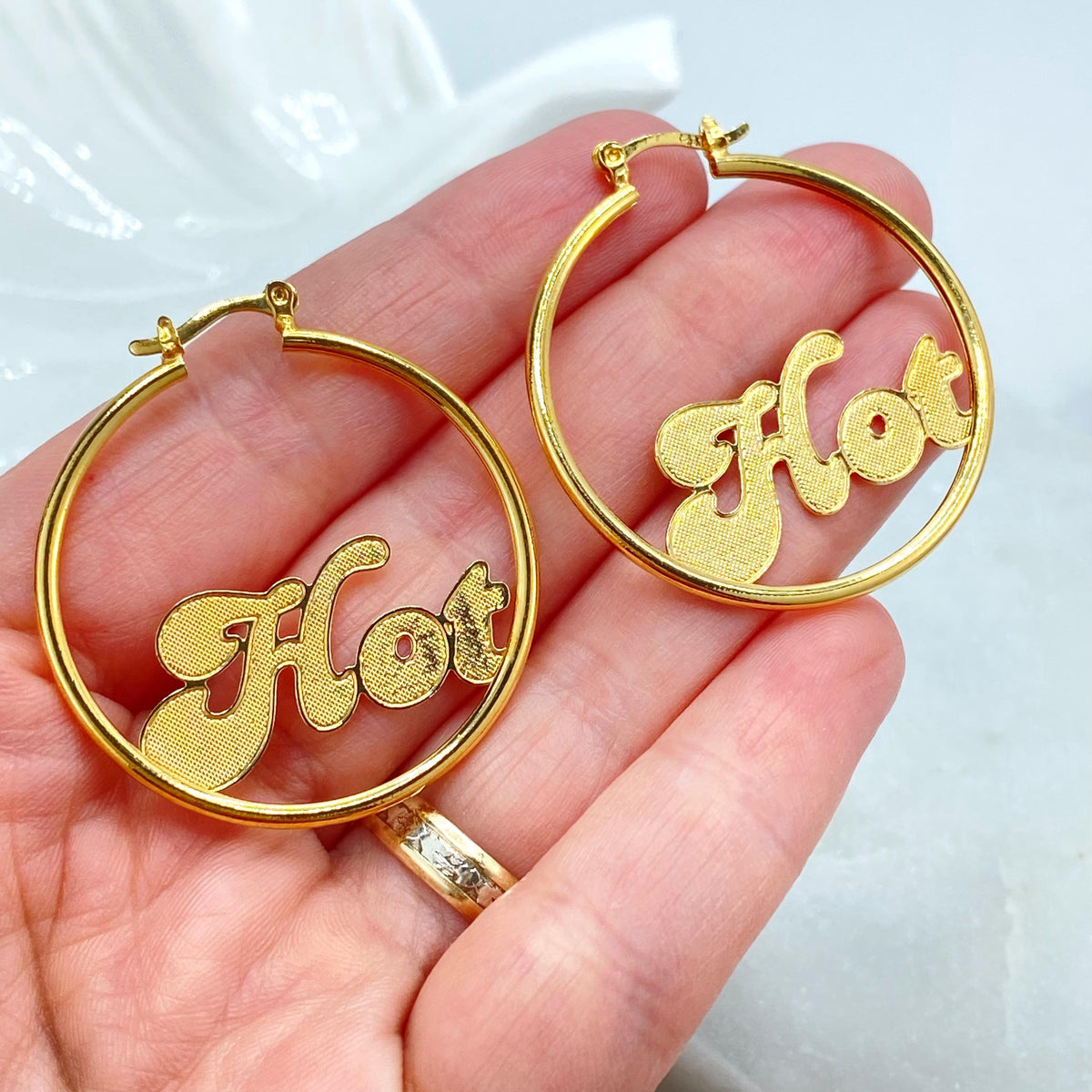18K Gold Filled Round Hoop Earrings, Textured Letter Accent