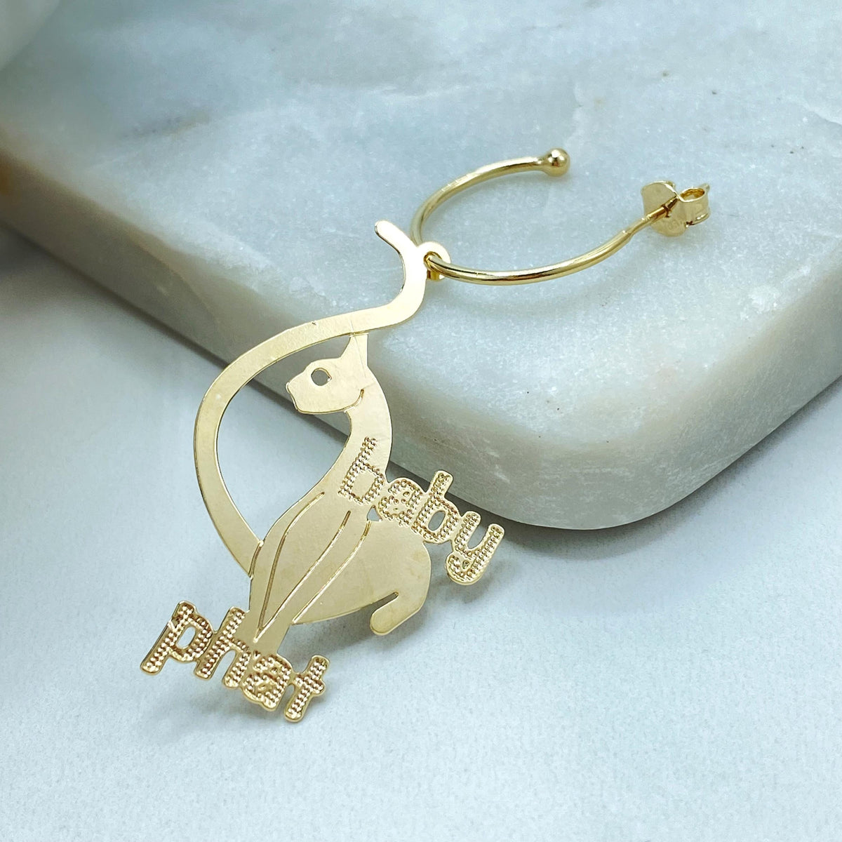 18K Gold Filled Baby Phat C Hoop Earrings, Dangle Cat Charm