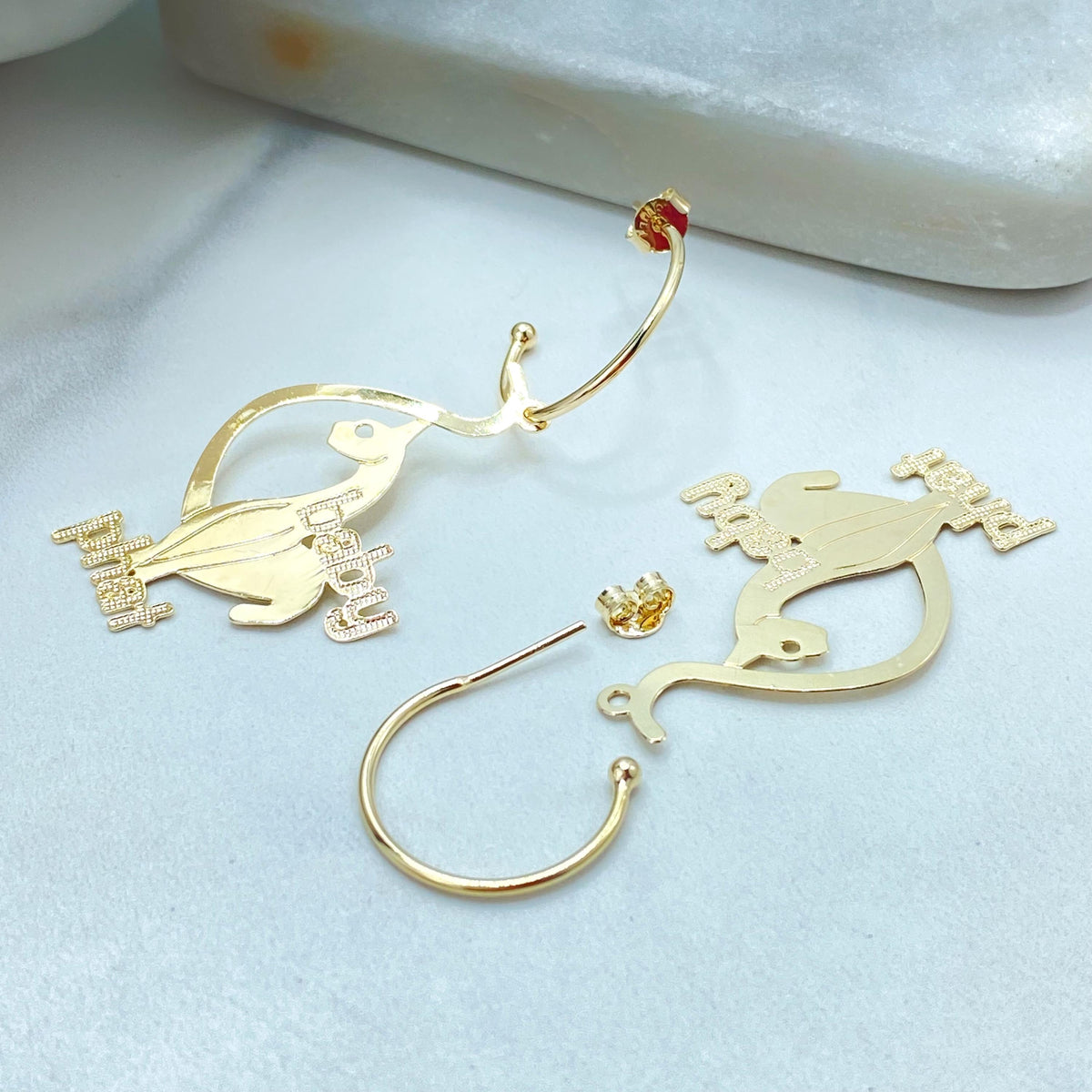 18K Gold Filled Baby Phat C Hoop Earrings, Dangle Cat Charm