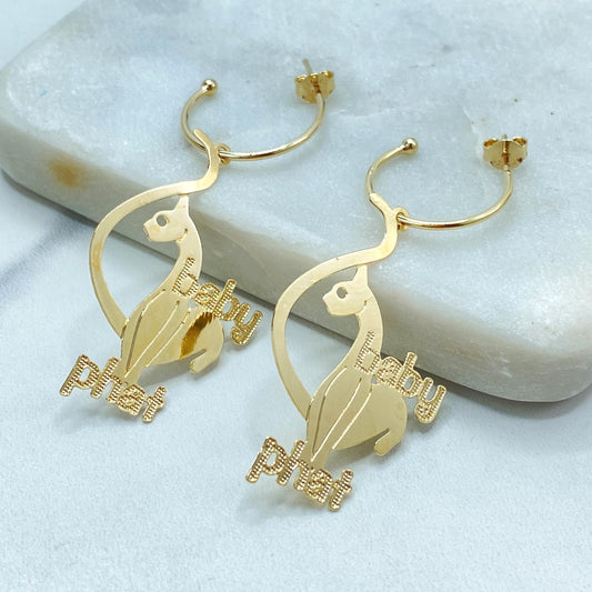 18K Gold Filled Baby Phat C Hoop Earrings, Dangle Cat Charm