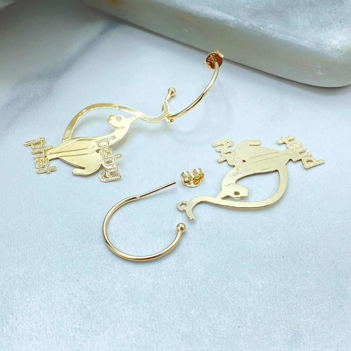 18K Gold Filled Baby Phat C Hoop Earrings, Dangle Cat Charm