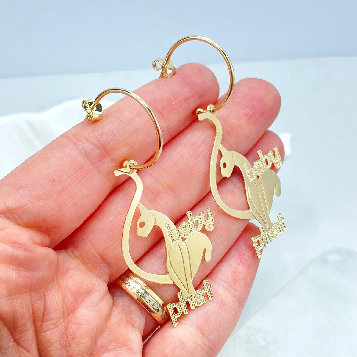 18K Gold Filled Baby Phat C Hoop Earrings, Dangle Cat Charm