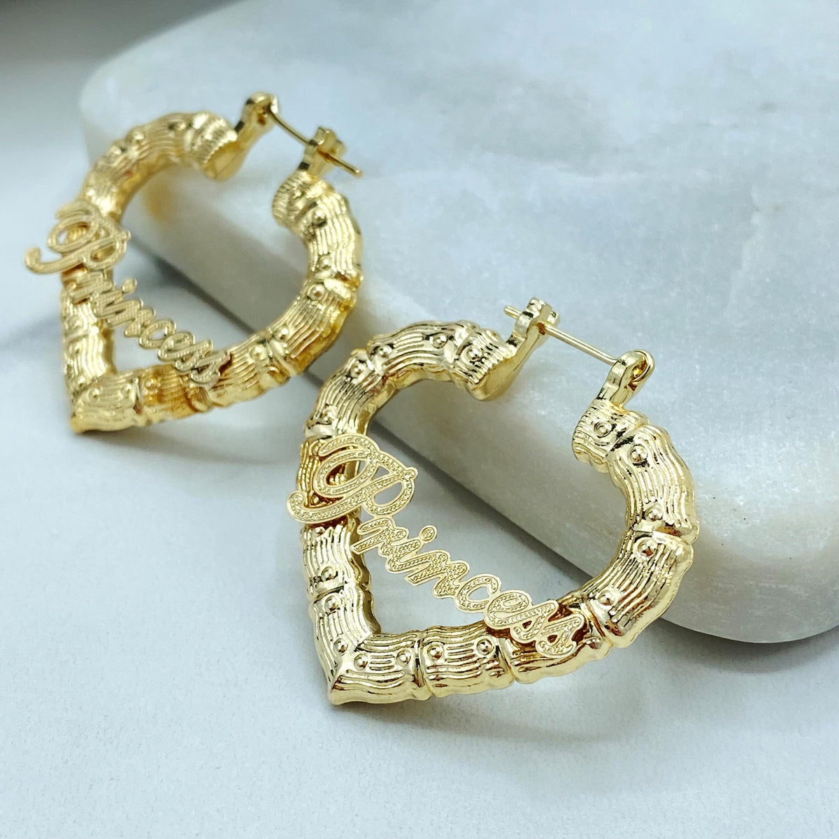 18K Gold Filled Heart Hoop Earrings, Princess Script Bamboo Texture