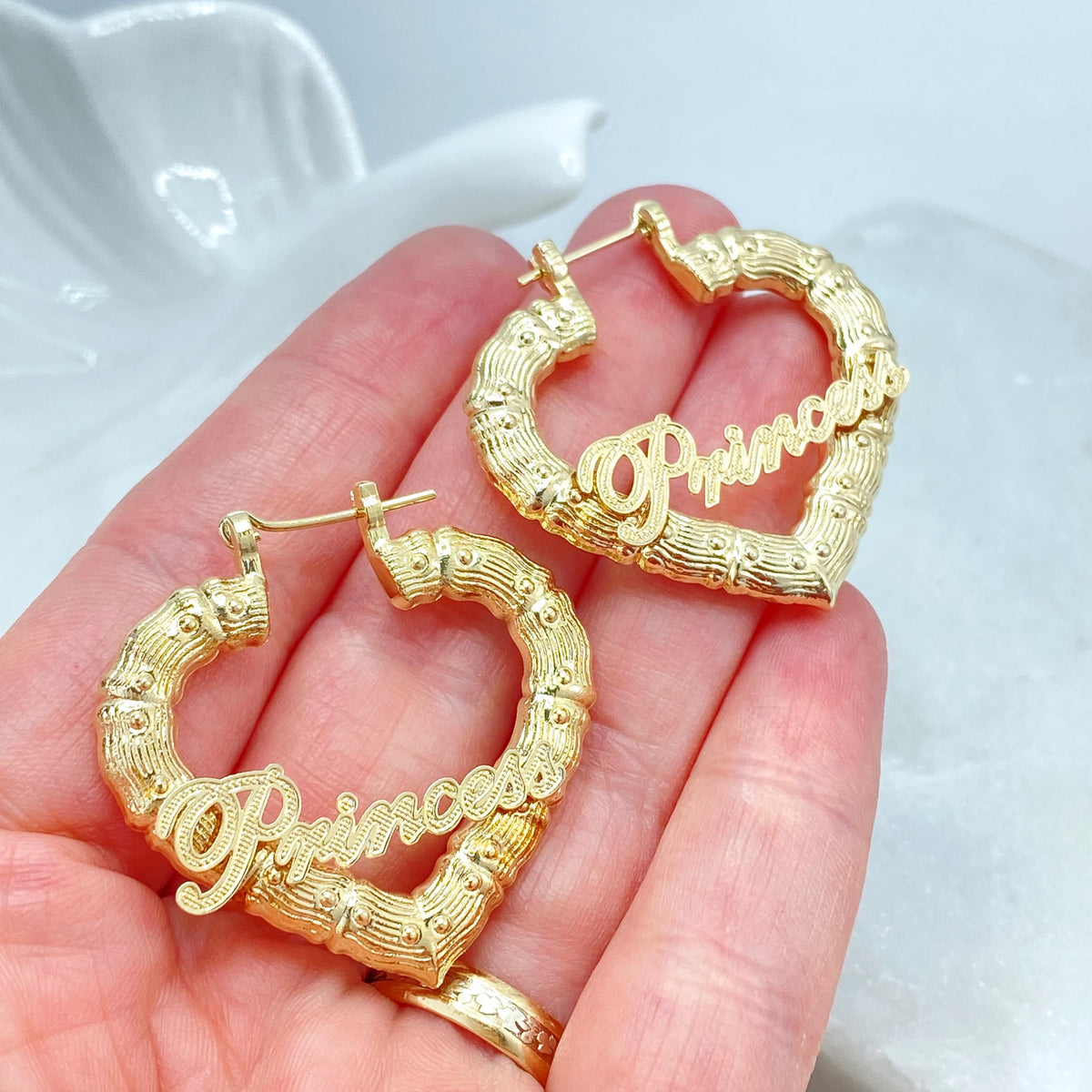 18K Gold Filled Heart Hoop Earrings, Princess Script Bamboo Texture