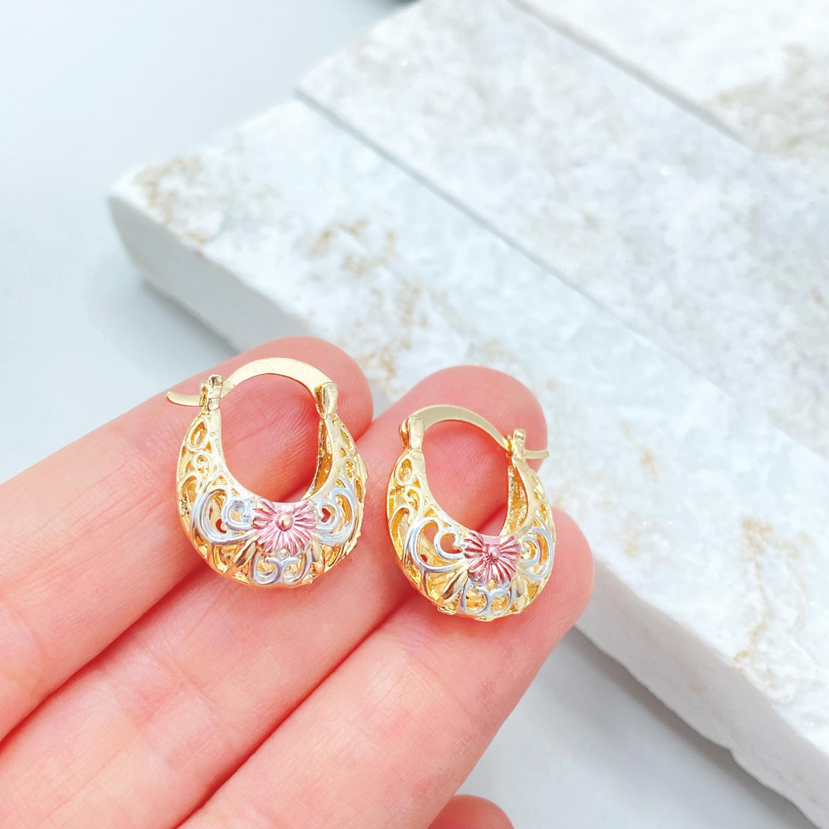 18K Gold Filled Basket Hoop Earrings, Tri Tone Floral Filigree Statement Jewelry