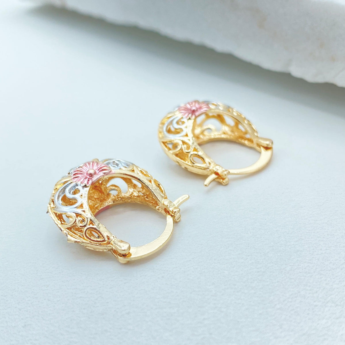 18K Gold Filled Basket Hoop Earrings, Tri Tone Floral Filigree Statement Jewelry