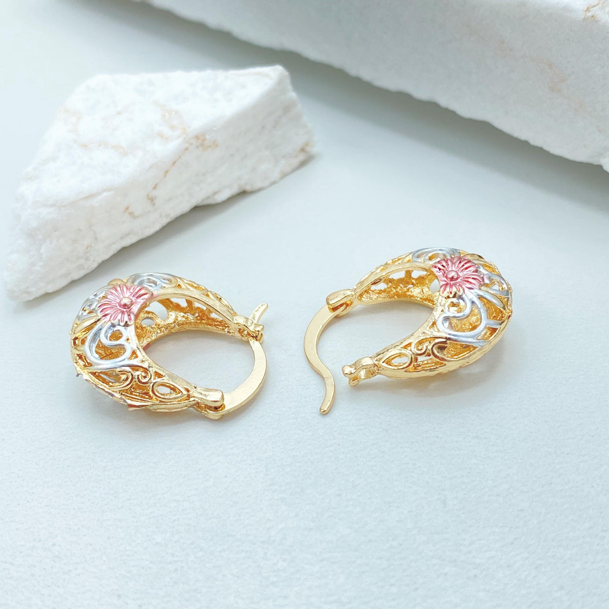 18K Gold Filled Basket Hoop Earrings, Tri Tone Floral Filigree Statement Jewelry
