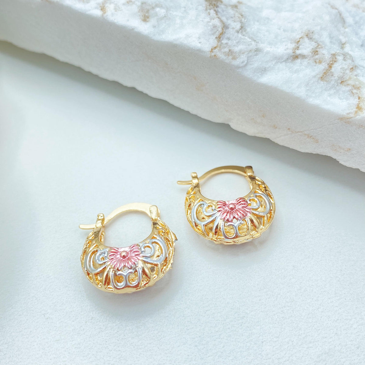 18K Gold Filled Basket Hoop Earrings, Tri Tone Floral Filigree Statement Jewelry