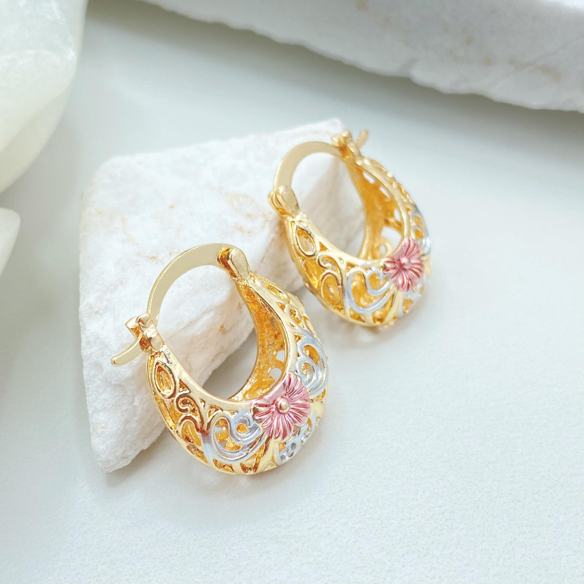 18K Gold Filled Basket Hoop Earrings, Tri Tone Floral Filigree Statement Jewelry