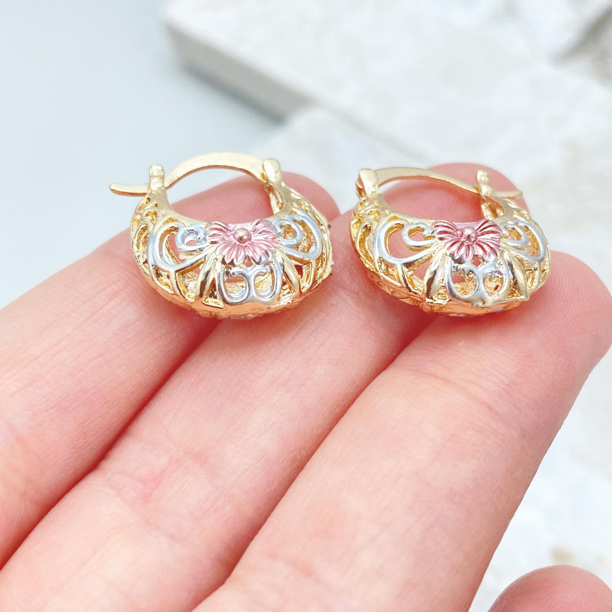18K Gold Filled Basket Hoop Earrings, Tri Tone Floral Filigree Statement Jewelry