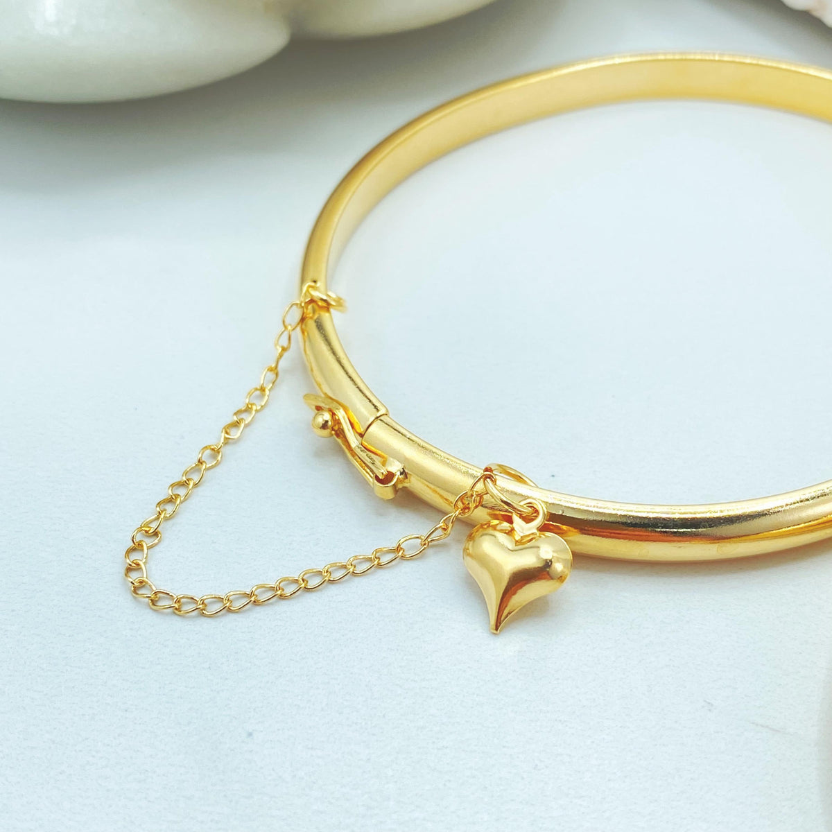 18K Gold Filled Heart Charm Bangle, Chain Detail Bracelet in 3 Sizes