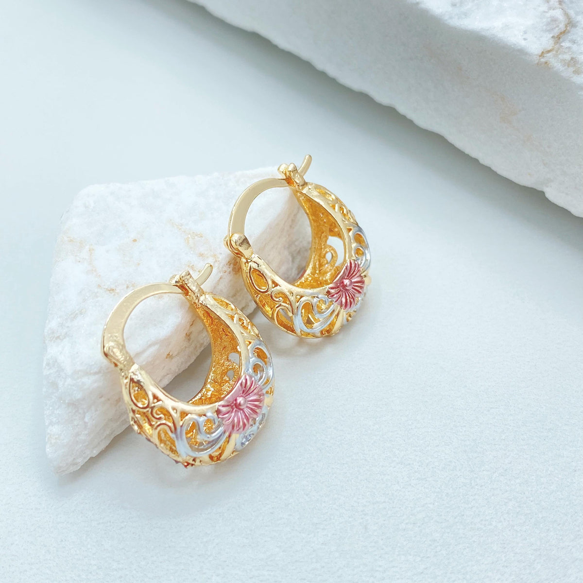18K Gold Filled Basket Hoop Earrings, Tri Tone Floral Filigree Statement Jewelry